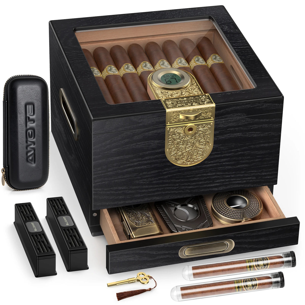 Premium Cedar Wood Cigar Humidor Gift Set With Hygrometer