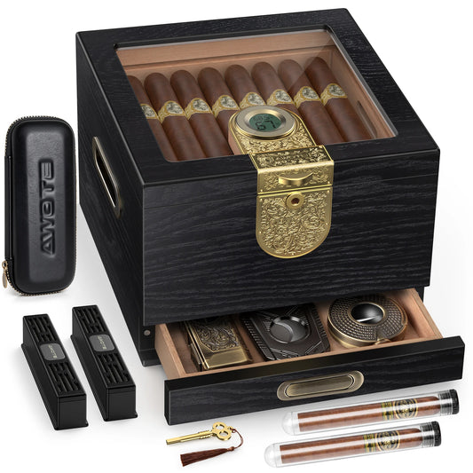 Premium Cedar Wood Cigar Humidor Gift Set With Hygrometer