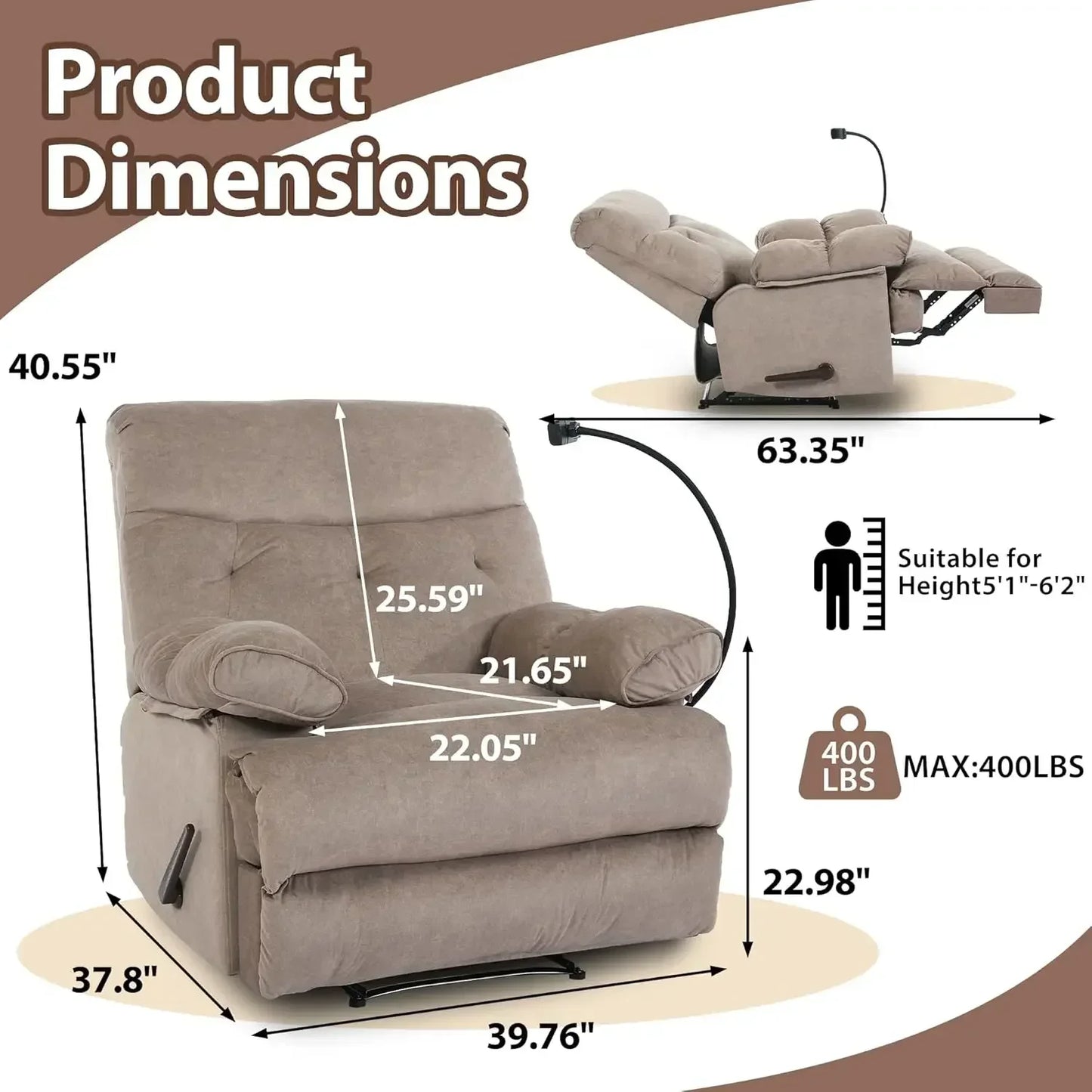 400lbs Heavy Duty Manual Oversized Recliner Chair, Extra Wide Big Man Recliner with Phone Holder for Adults, Customized