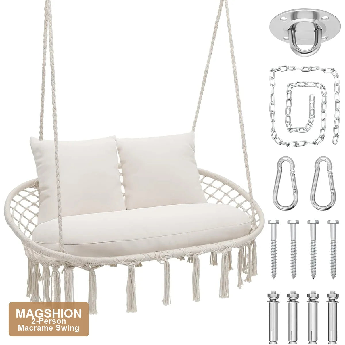 Macrame Hanging Hammock Swing Chair 2 Person Beige Cotton Rope 51x25 700 lbs with 3 Cushions Hardware Kit Indoor Outdoor