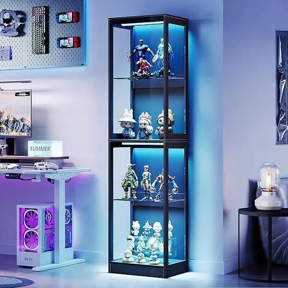 RGB Display Cabinet with Adjustable Glass Shelves, 4-Tier Storage Case with LED Lights, Modern Display Shelf for Collection