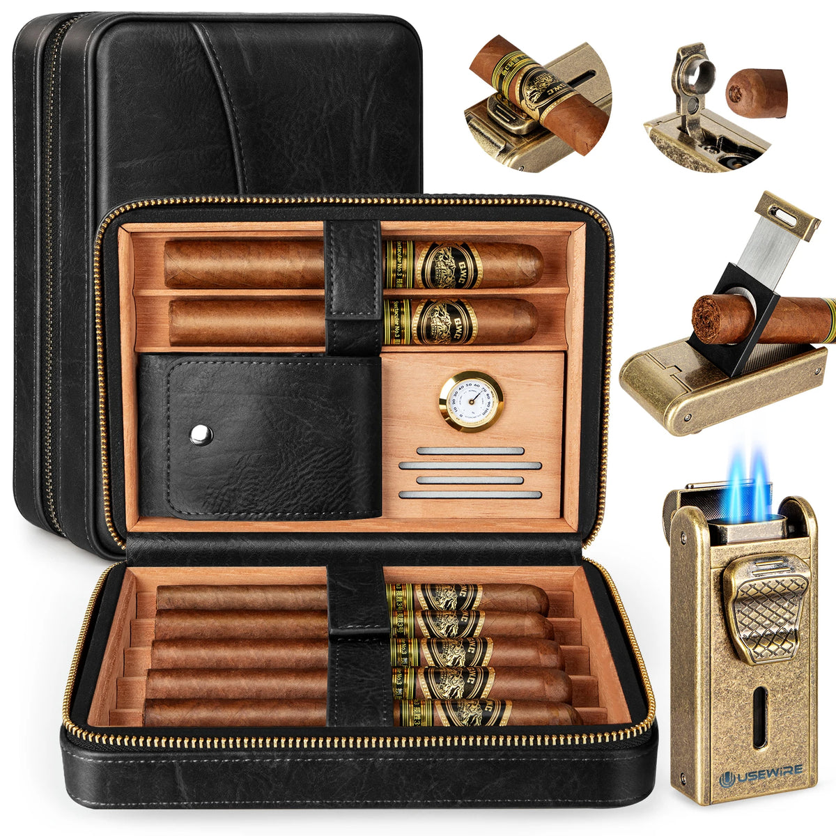 UseWire Leather Cigar Humidor With Lighter Cutter And Humidifier