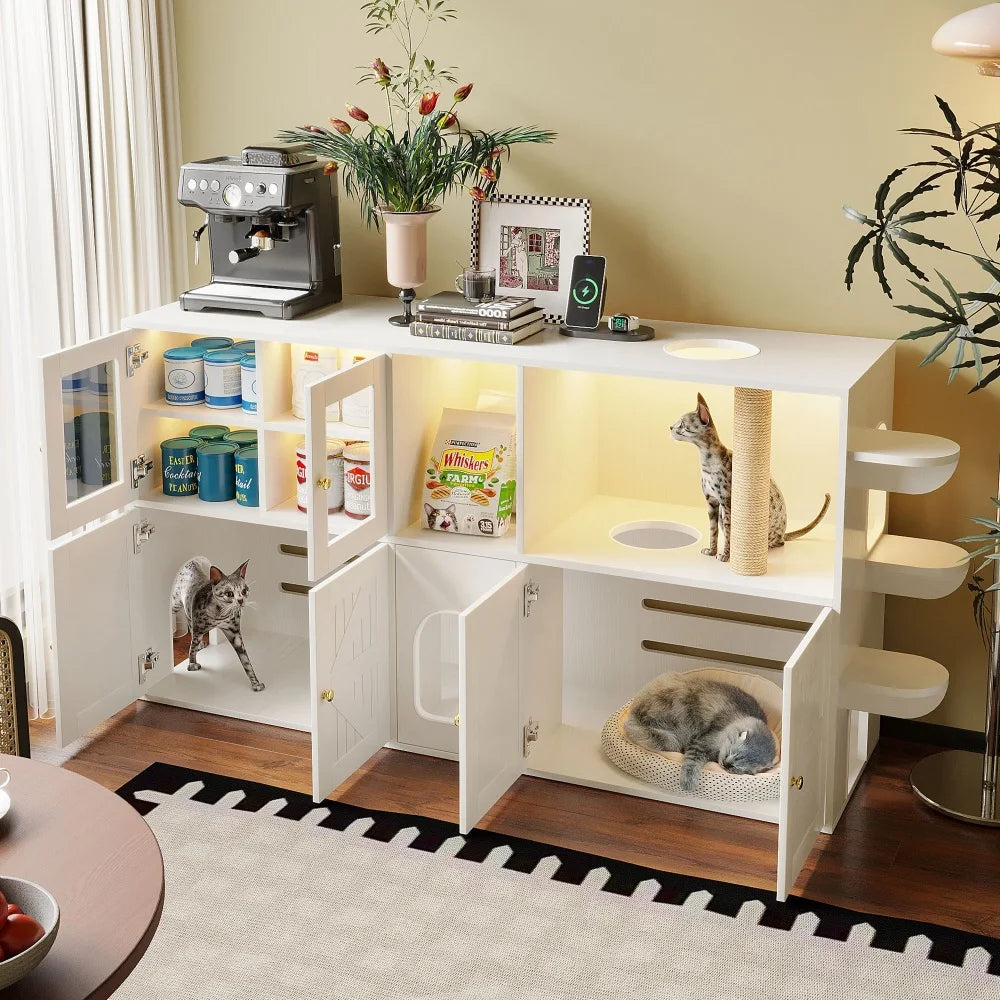 Farmhouse Cat Litter Box Enclosure Hidden Cat Washroom Built-in Scratching Post & LED Lights, Cat House with Storage Cabinets