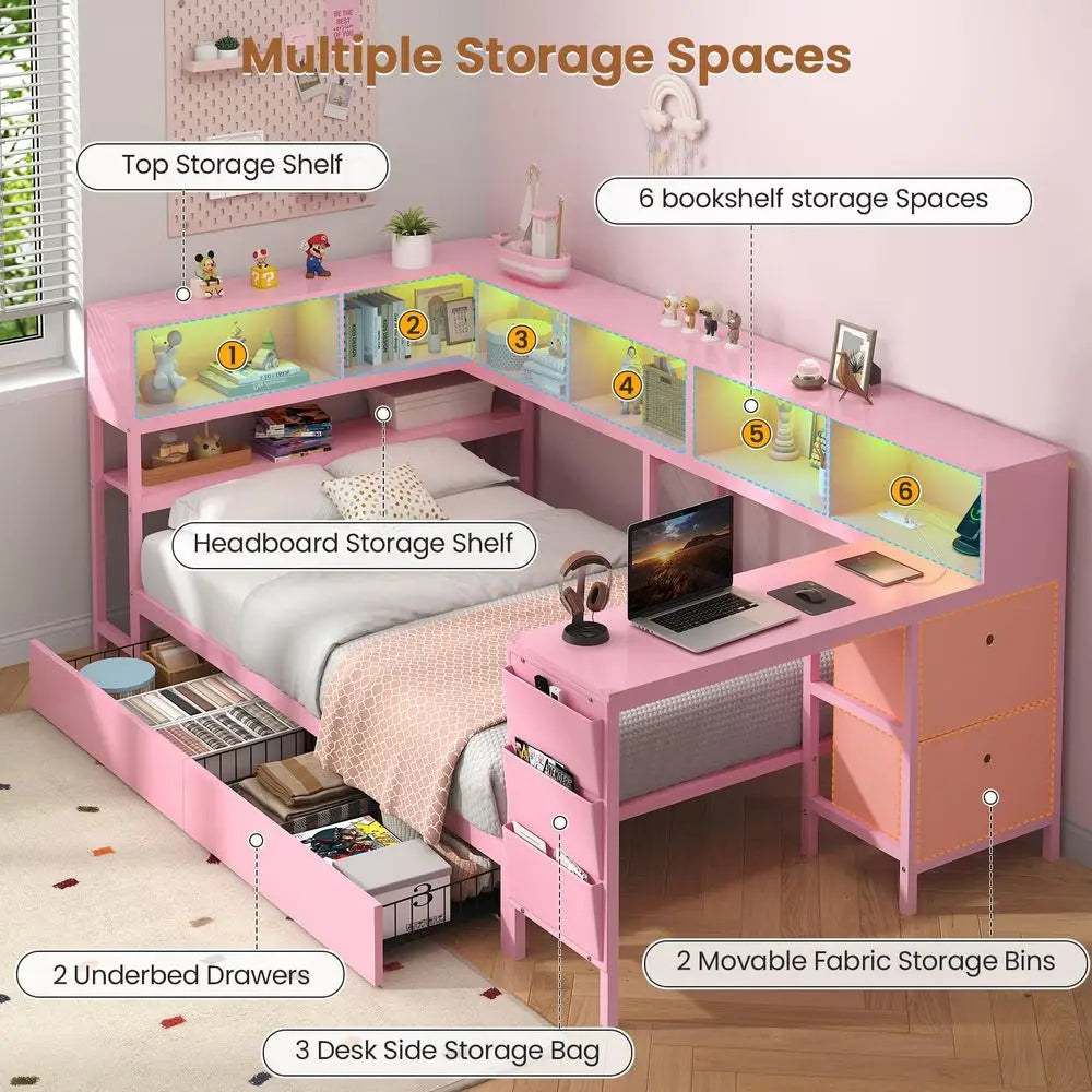Twin Corner Bed with Desk and Storage Bookcase, Daybed with 2 Drawers amp 2 Storage Bins, Twin Size Platform Bed Frame with Cha