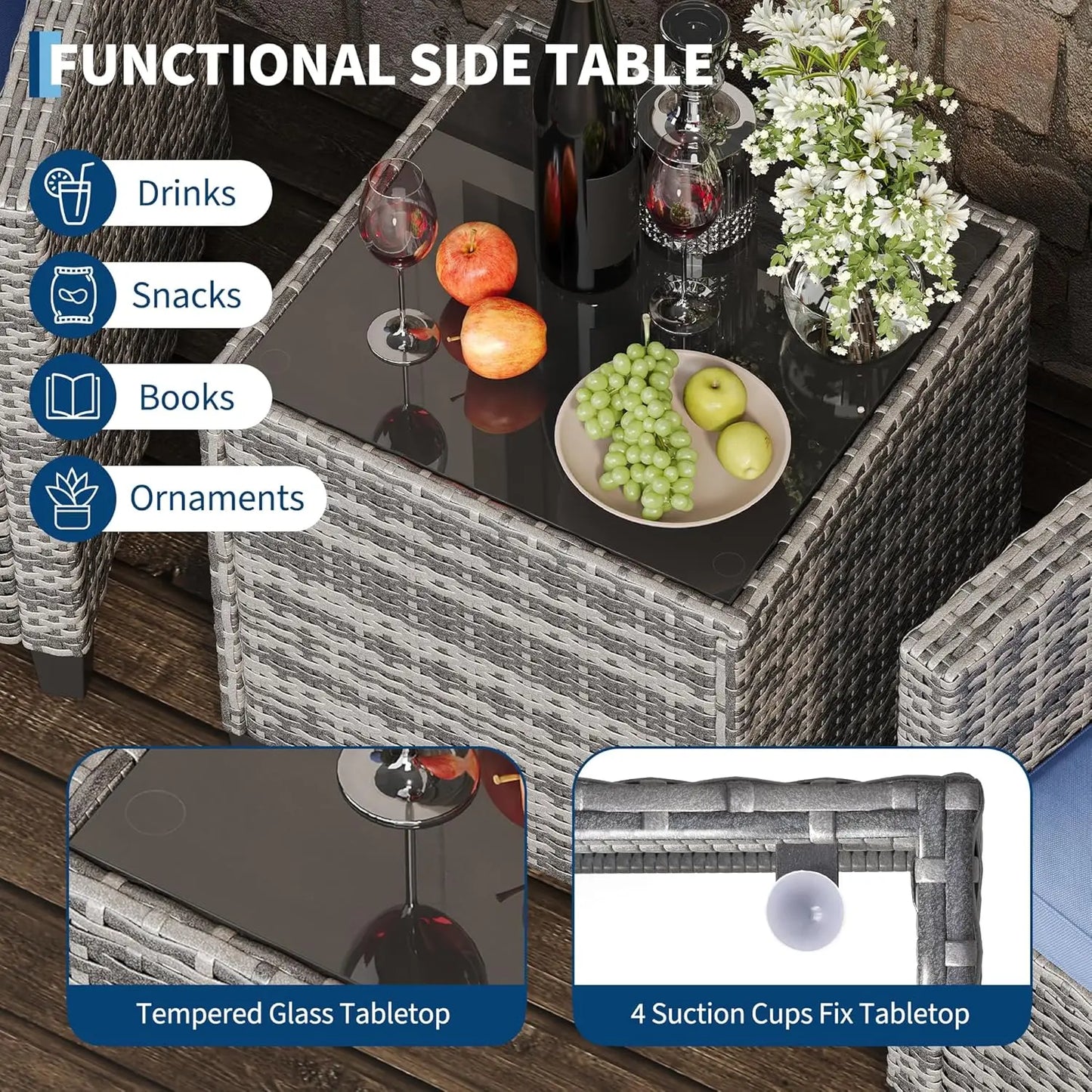 3 Pieces Office Furniture Set for Meeting Relaxation Interview Talking, Outdoor Wicker Rattan Chairs with Side Table, All-Weather Conversation Set with Cushions for Balcony, Porch, Backyard