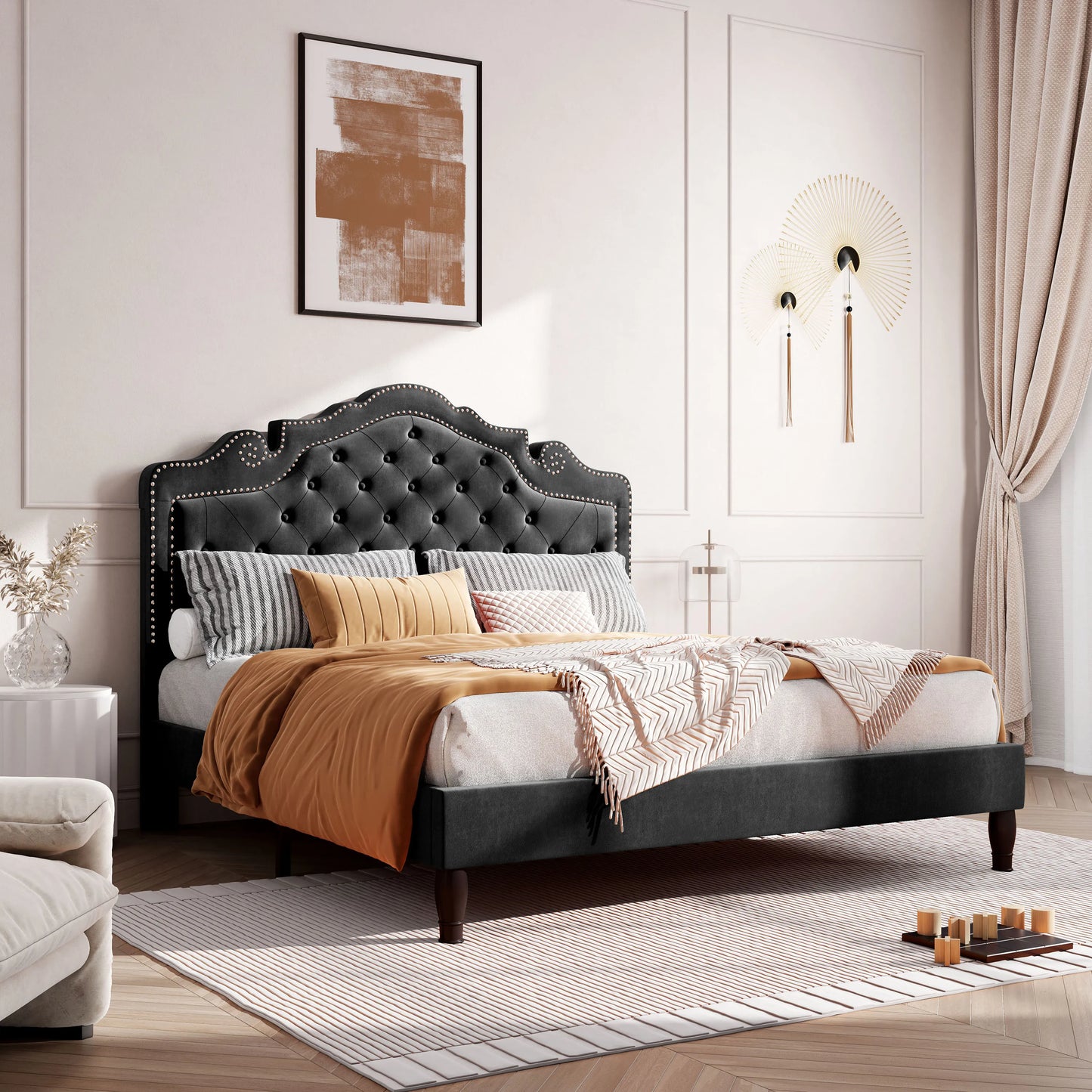 HOOMIC Upholstered Platform Bed With Velvet Diamond Tufted Headboard