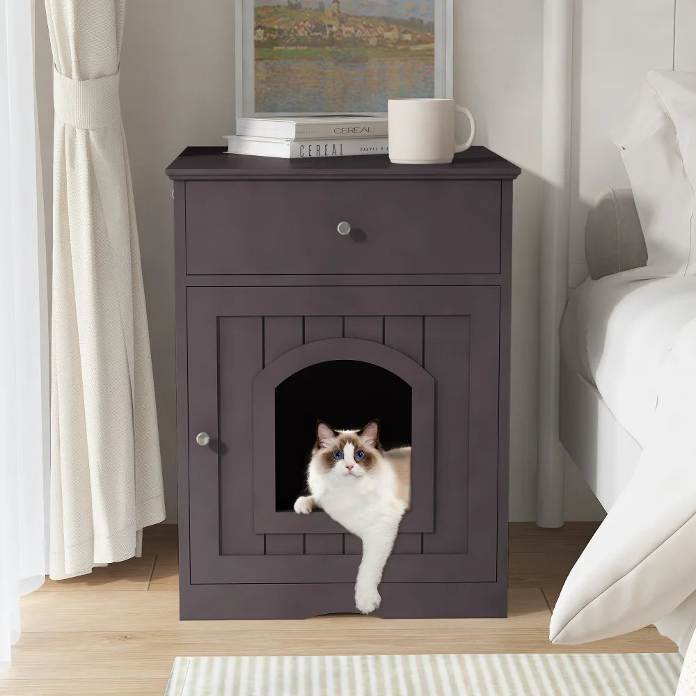 Wooden Cat Litter Box Enclosure and Indoor Pet House, Solid Wood White Cat Home with Drawer, Side Table and Nightstand Design, Furniture-Style Indoor Pet Crate and Hidden Litter Box Cabinet for Home Pet Areas, Living Rooms an
