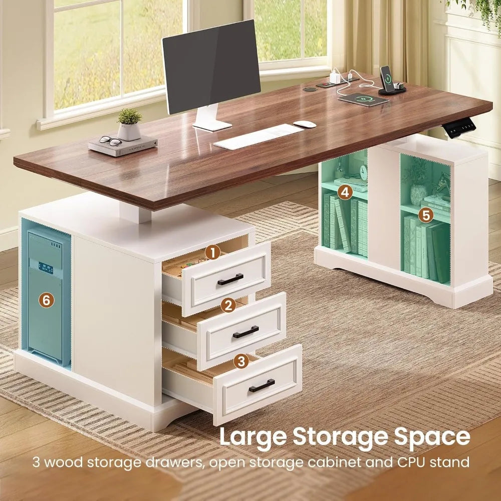 Farmhouse Electric Standing Desk, 63" Height Adjustable Computer Desk with 3 Drawers, Storage Shelves, Customized