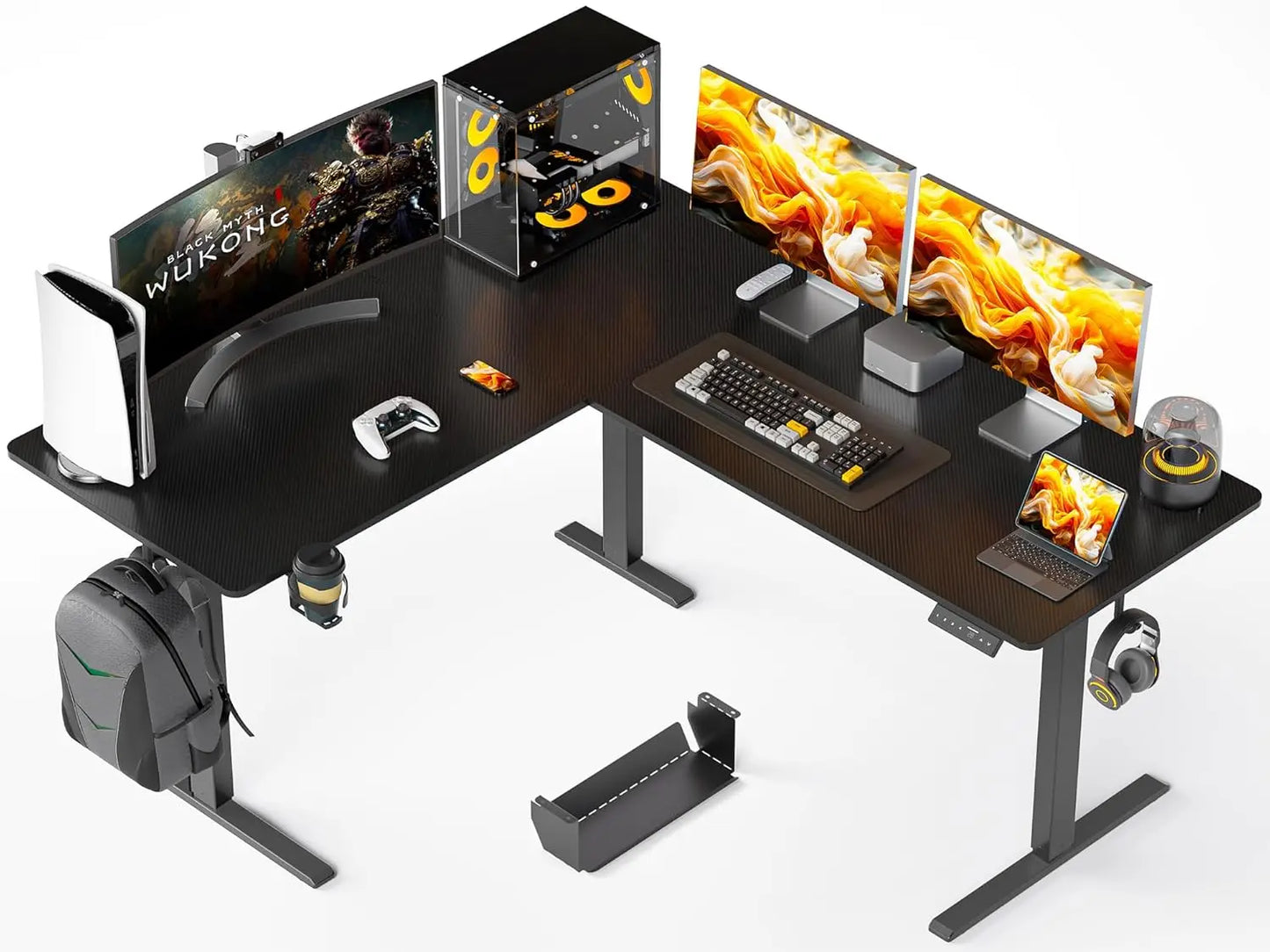 63X55 Inches Reversible L Shaped Standing Desk Height Adjustable with Cup Holder, Electric Corner Computer Desk, Sit Stand up