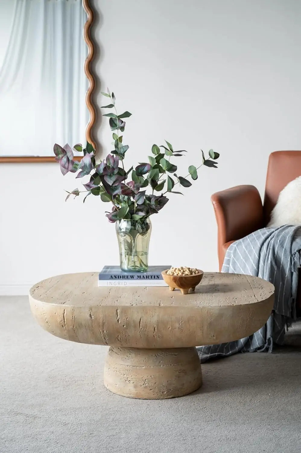 36" Oval Coffee Table, Modern Faux Stone Circle Center Table Accent Travertine Tea Table for Living Room, Magnesium, Customized