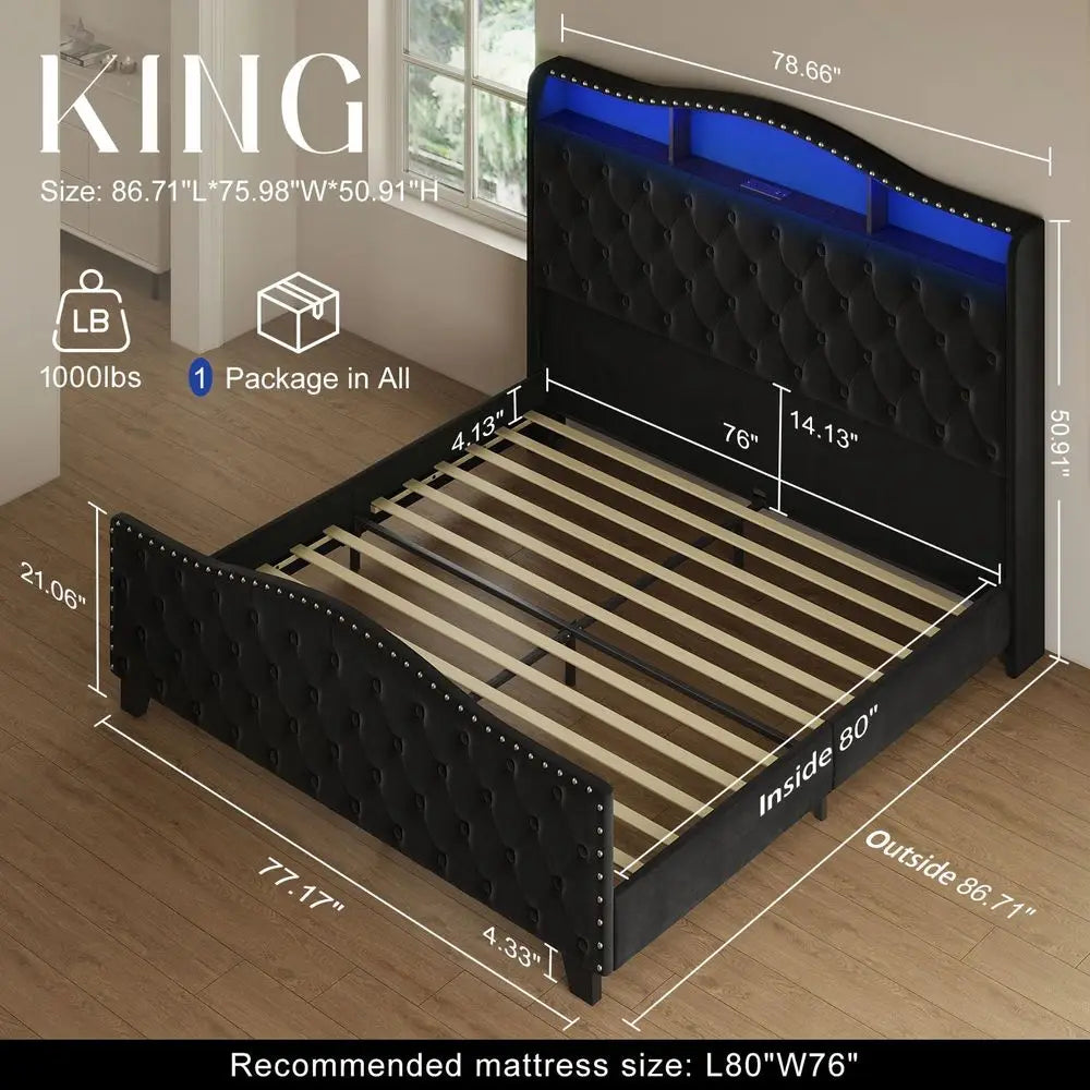King Size Bed Frame and Headboard, 50.9 Velvet Upholstered Wingback Bedframe with LED Lights amp Storage Charging Station, Butt