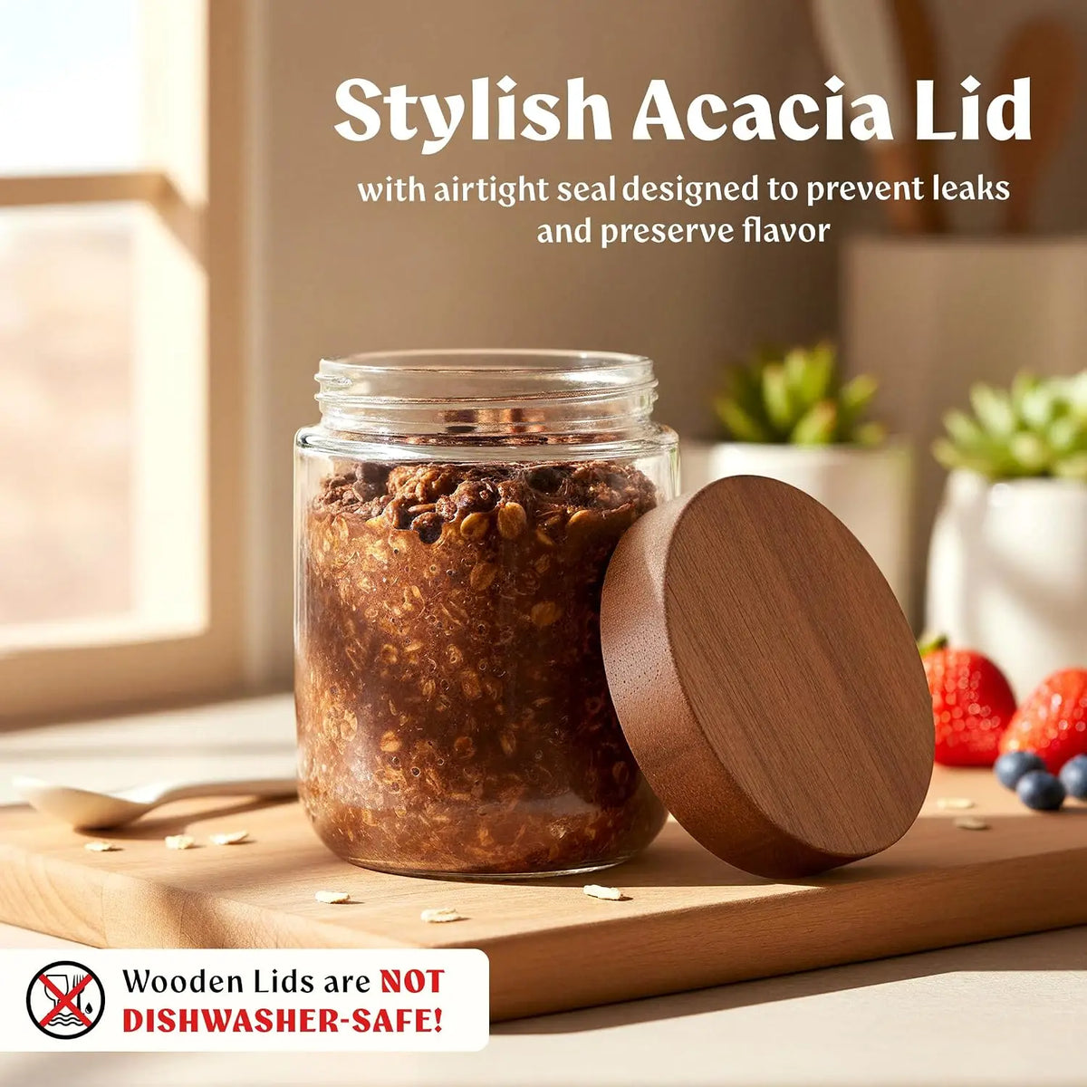 Airtight Glass Meal Prep Jars With Acacia Lids For Oats