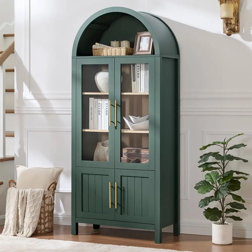 71 Green Arched 5-Tier Display Cabinet with Glass Doors for Living Room, Office, and Kitchen Storage