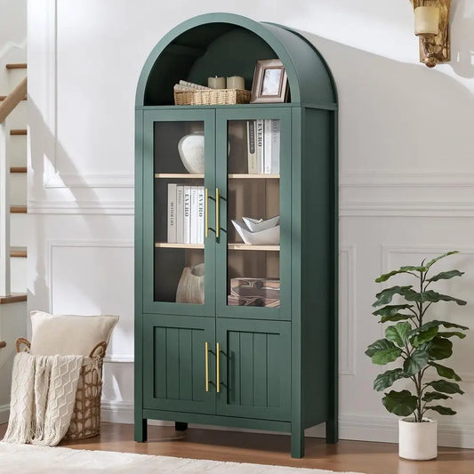 71 Green Arched 5-Tier Display Cabinet with Glass Doors for Living Room, Office, and Kitchen Storage