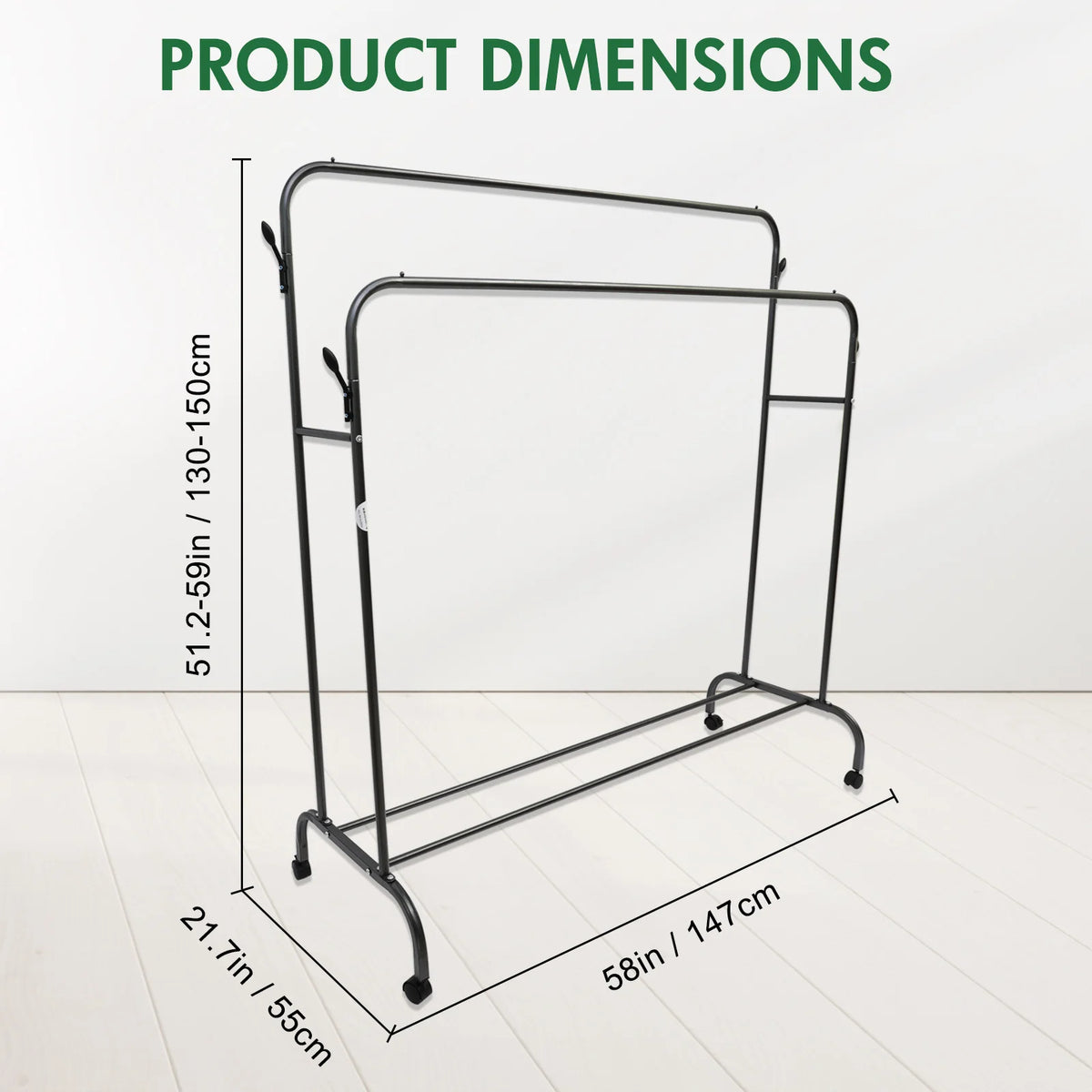 Double Clothes Rail Rack Garment Coat Rack Stand Metal Closet Rod Heavy Duty Floor-Standing with Side Hooks and Swivel Wheels