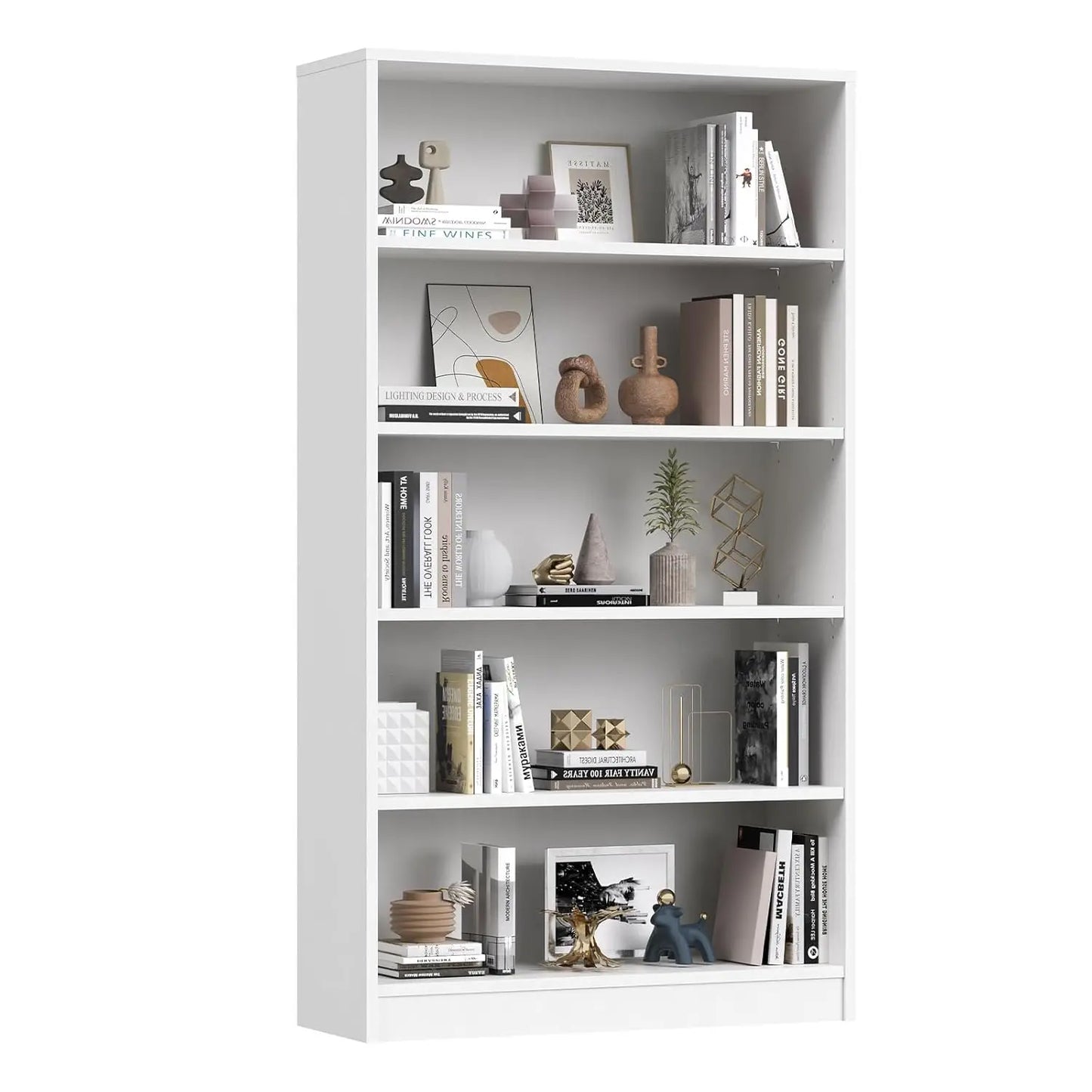 Engineered Wood Five Shelf Bookcase Featuring Adjustable Storage Organizer