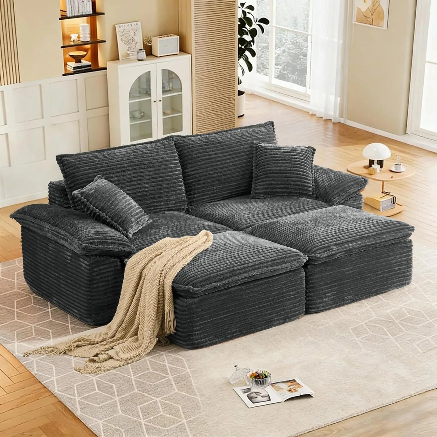 81" Boneless Loveseat with Removable Ottoman,Oversized Upholstered Sofa Bed with Pillows,Plush Faux Fur Lounge, Customized