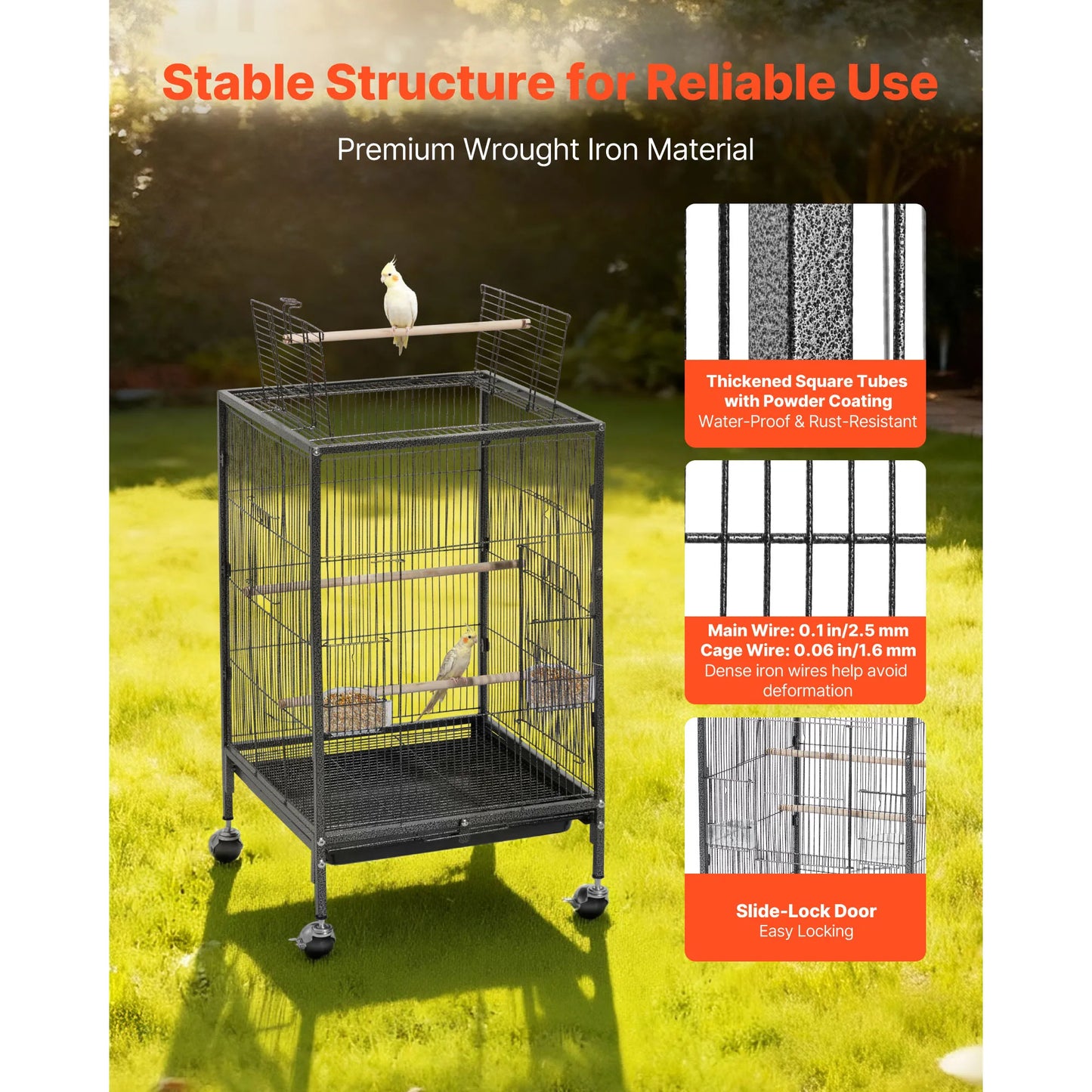 SucceBuy Bird Cage Open Flat Top Wrought Iron with Perches Slide-Out Tray and Plastic Feeders Casters for Diverse Bird Species