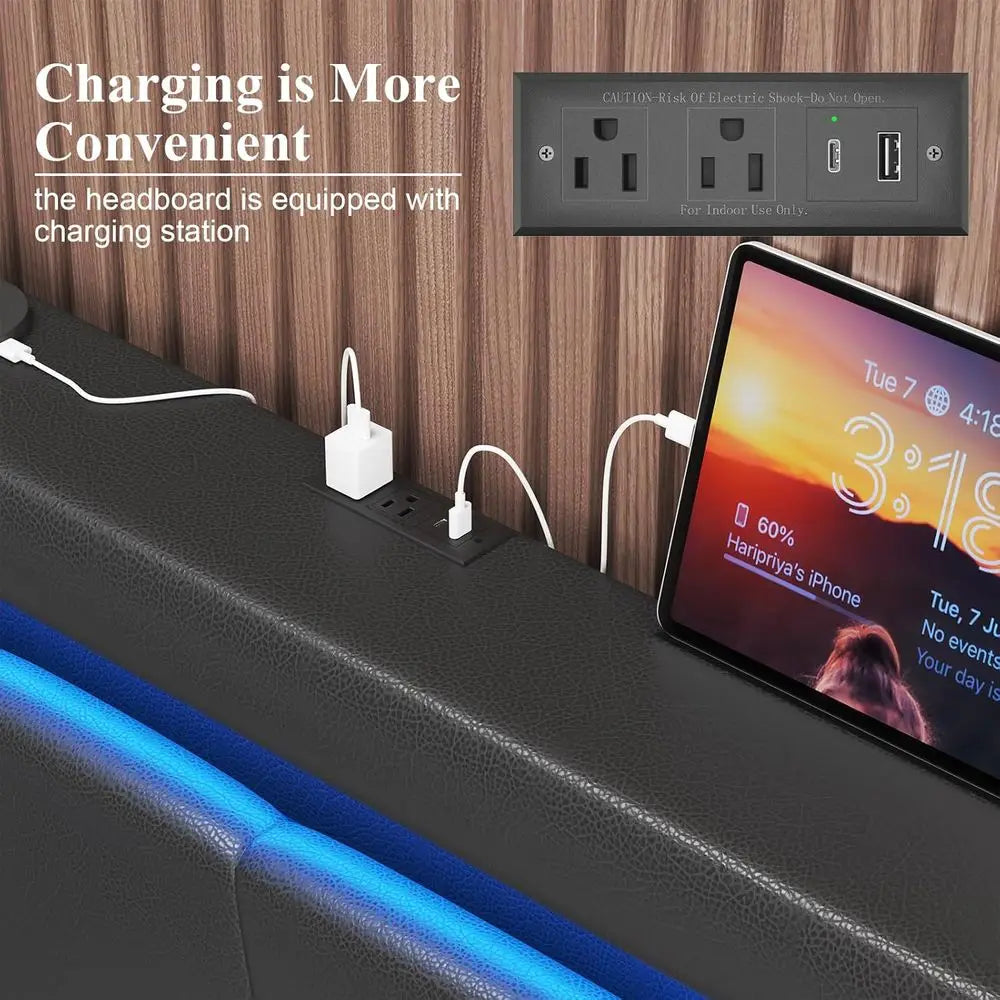 RBXC Upholstered Bed With Storage Drawers LED Lights Charging Station
