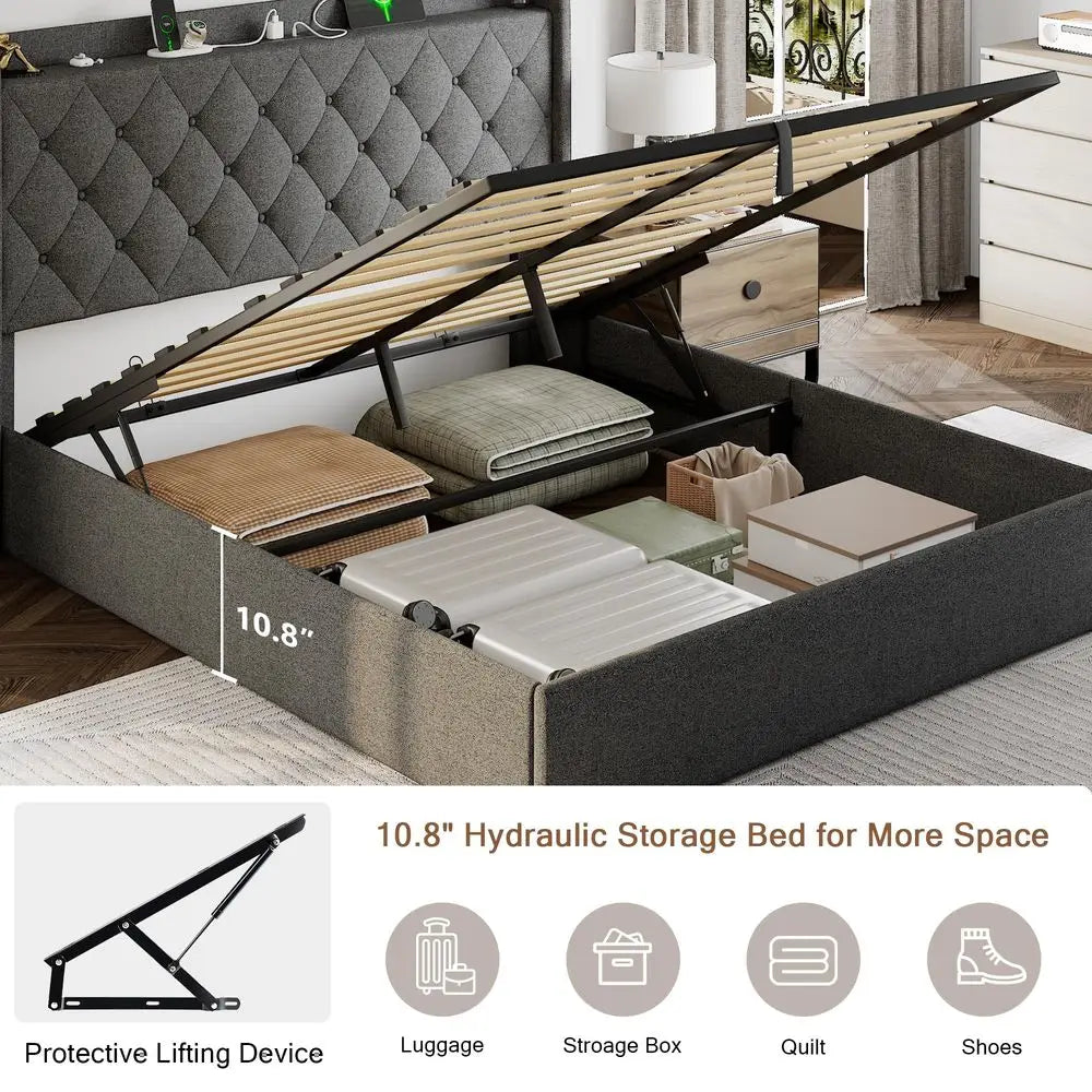 Queen Size Lift Up Storage Bed Frame with Charging Station, Upholstered Bed Frame with Storage, No Box Spring Needed, NoiseFree