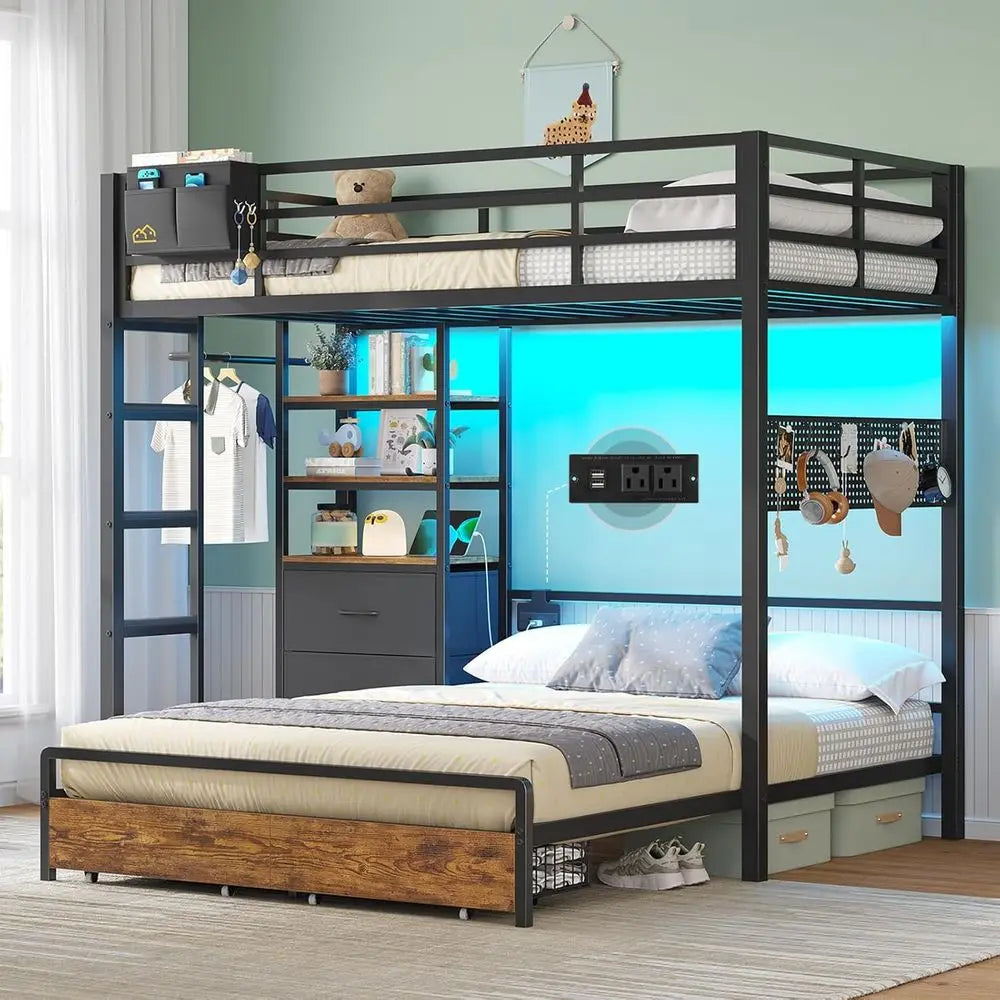 Full-Size Twin Bunk Bed with Storage Drawers, Bookshelf, LED Lights, Charging Station, Safety Rail, and Ladder