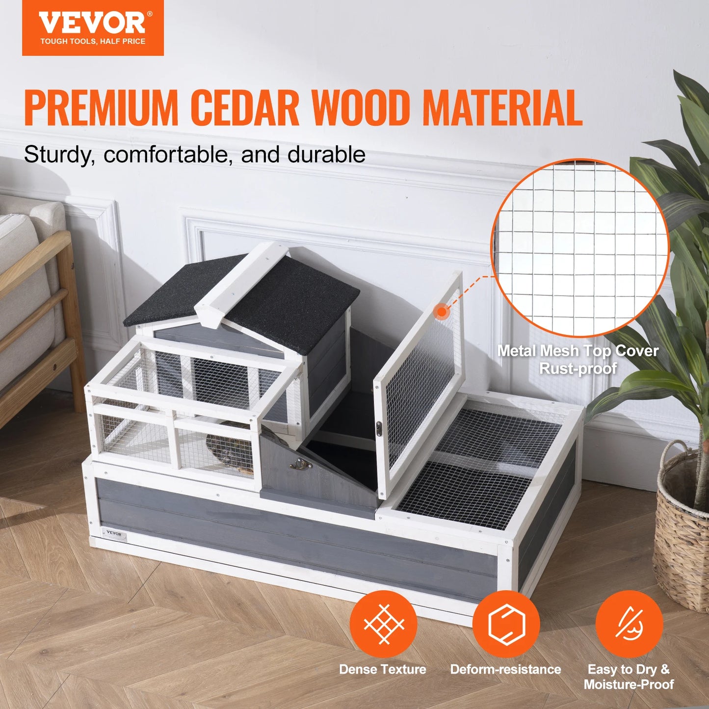 SucceBuy 3-Room Tortoise House Tortoise Habitat Wooden Enclosure Indoor Outdoor Openable Roof Large Reptile Cage44" x 25.6"x 24"