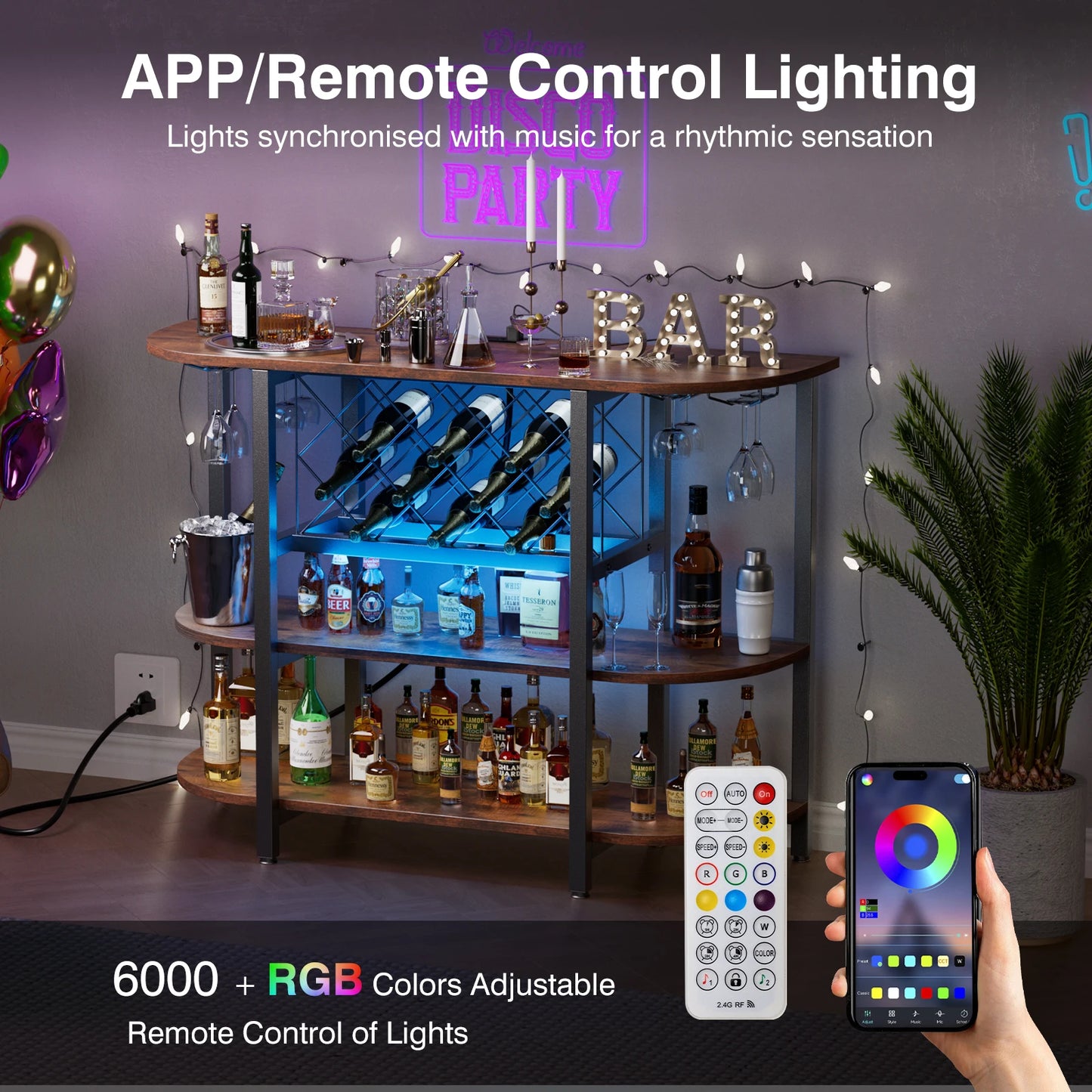 LED Home Bar Cabinet With Charging Station And Glassware Holder