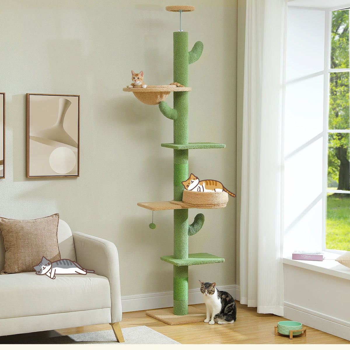 Adjustable Height Cactus Cat Tree for Indoor Cats Floor to Ceiling Cat Tower with Scratching Post Cozy Hammock Dangling Balls