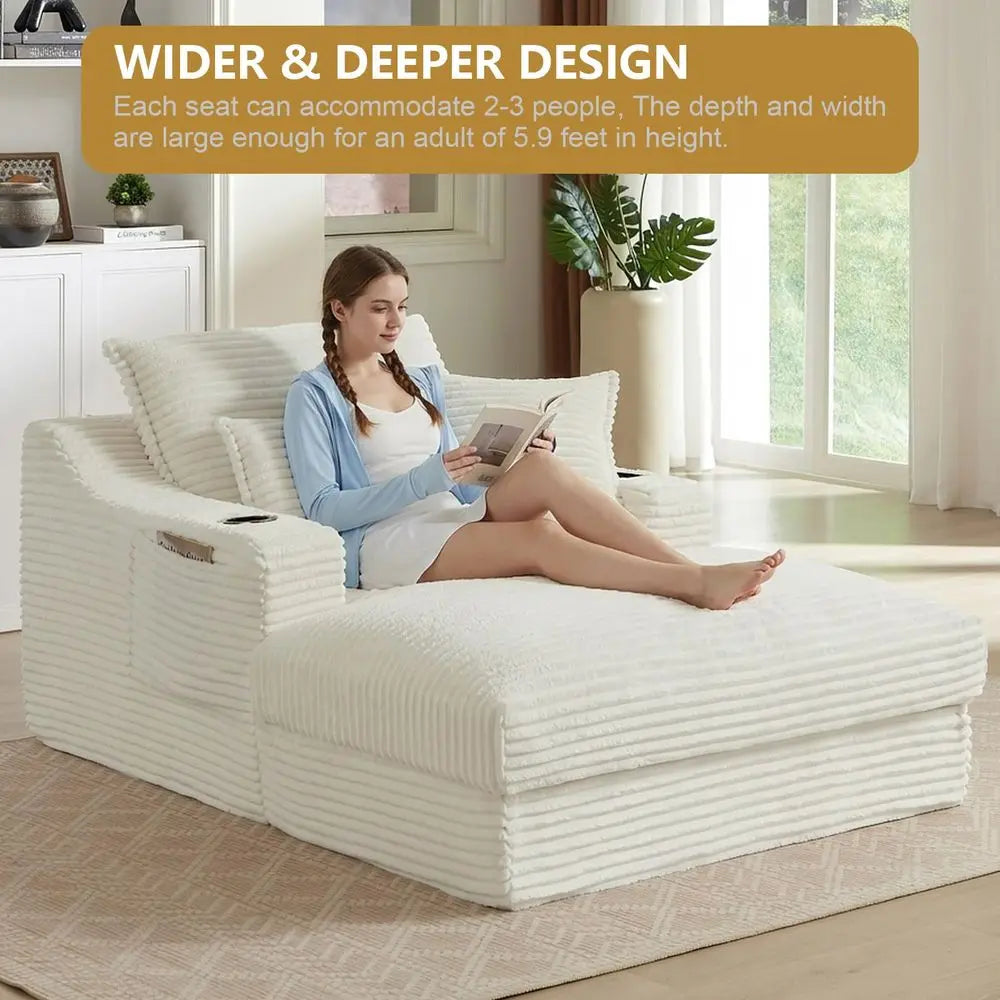 Oversized Chaise Lounge Chair Indoor, Boneless Chaise Lounge Chair with Cup Holders Side Pockets 3 Pillows, Cloud Corduroy Chai