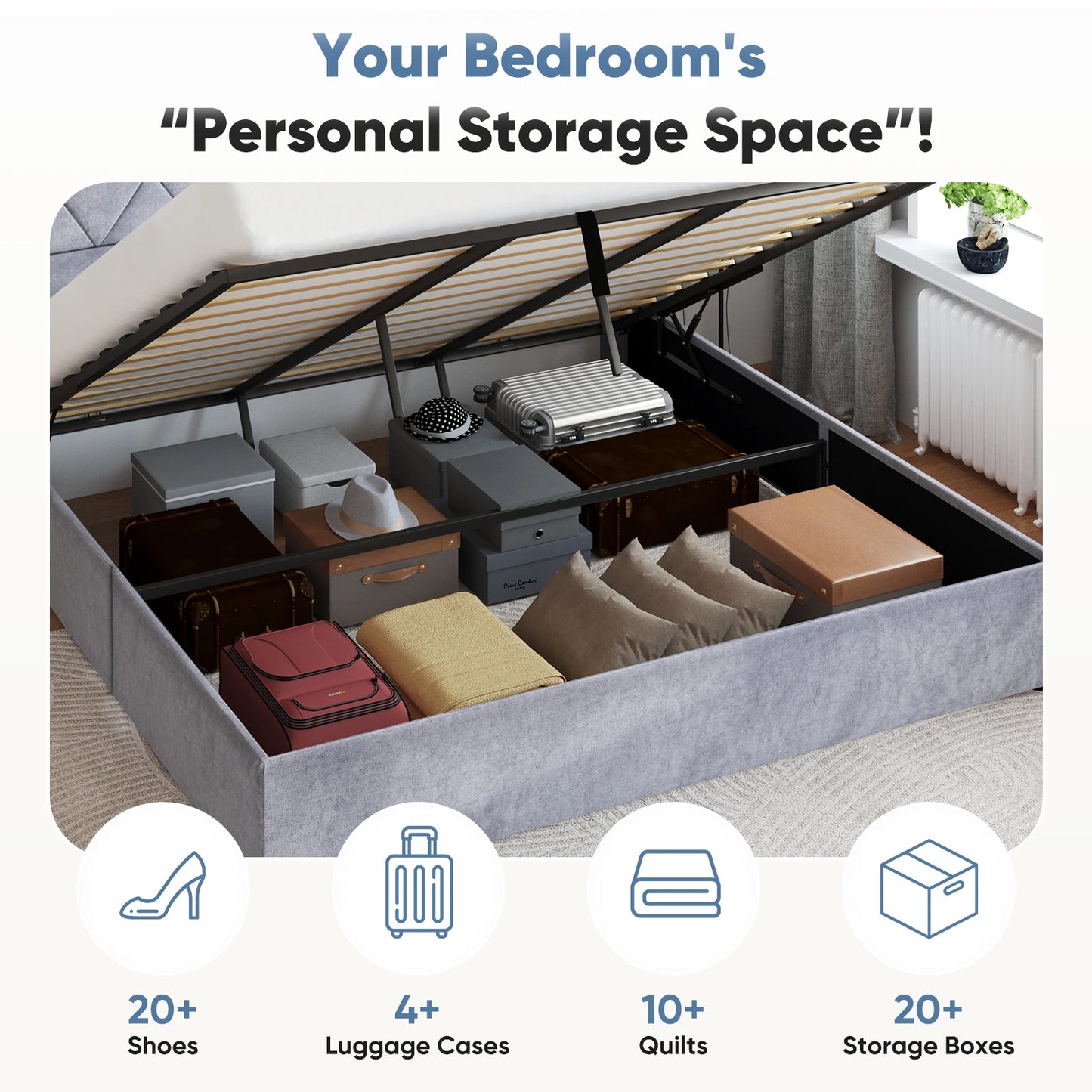 JHK Hydraulic Lift Storage Bed Featuring Wingback Headboard