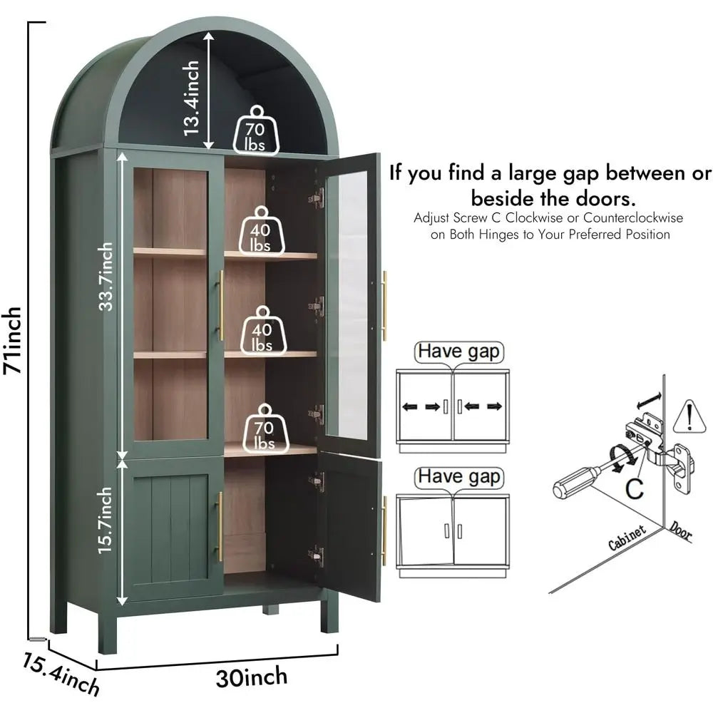 71 Green Arched 5-Tier Display Cabinet with Glass Doors for Living Room, Office, and Kitchen Storage