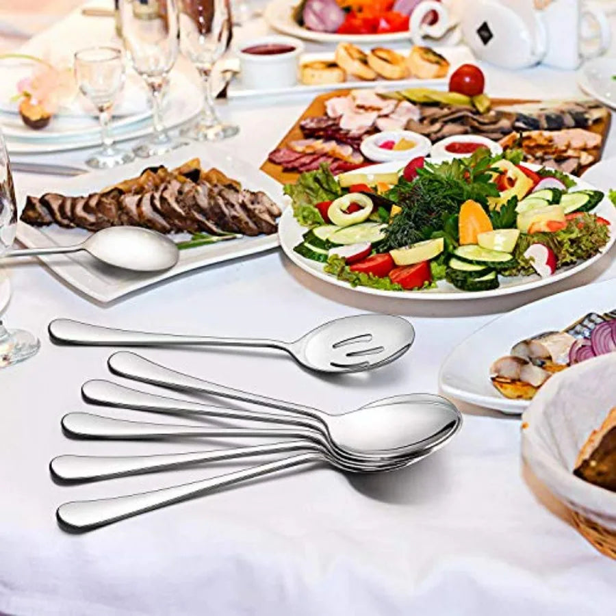 AOOSY 2 Pieces Stainless Steel Flatware Serving Sets 8.7-Inch Long Handle Slotted Spoons and Serving Spoons for Buffet Banquet
