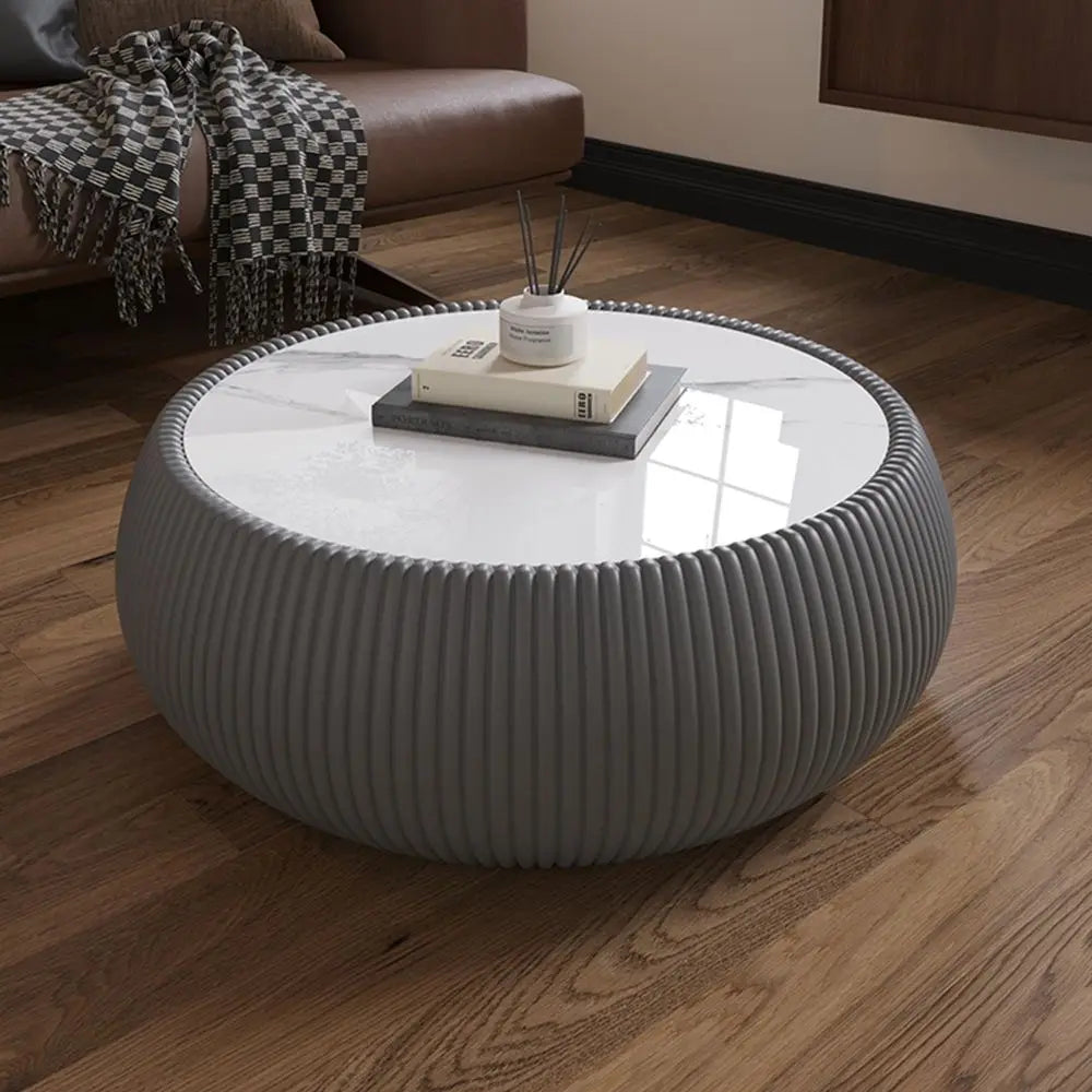 Modern Drum Coffee Table for Living Room Office, White Faux Marble Tabletop, Unique Fluted PU Leather Covered, Round Cocktail C