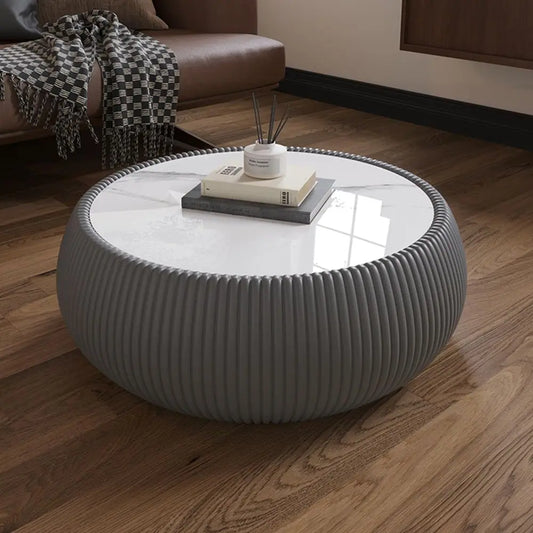 Modern Drum Coffee Table for Living Room Office, White Faux Marble Tabletop, Unique Fluted PU Leather Covered, Round Cocktail C