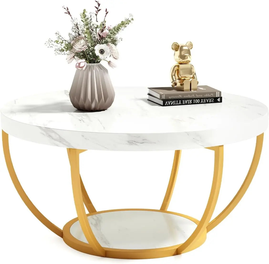Little Tree Marble Circle Coffee Table With Open Storage And 2-Tier Metal Legs