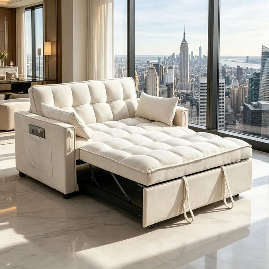 Convertible Sleeper Sofa Bed with Velvet Loveseat, Storage and 2 Pillows for Small Spaces, Cream