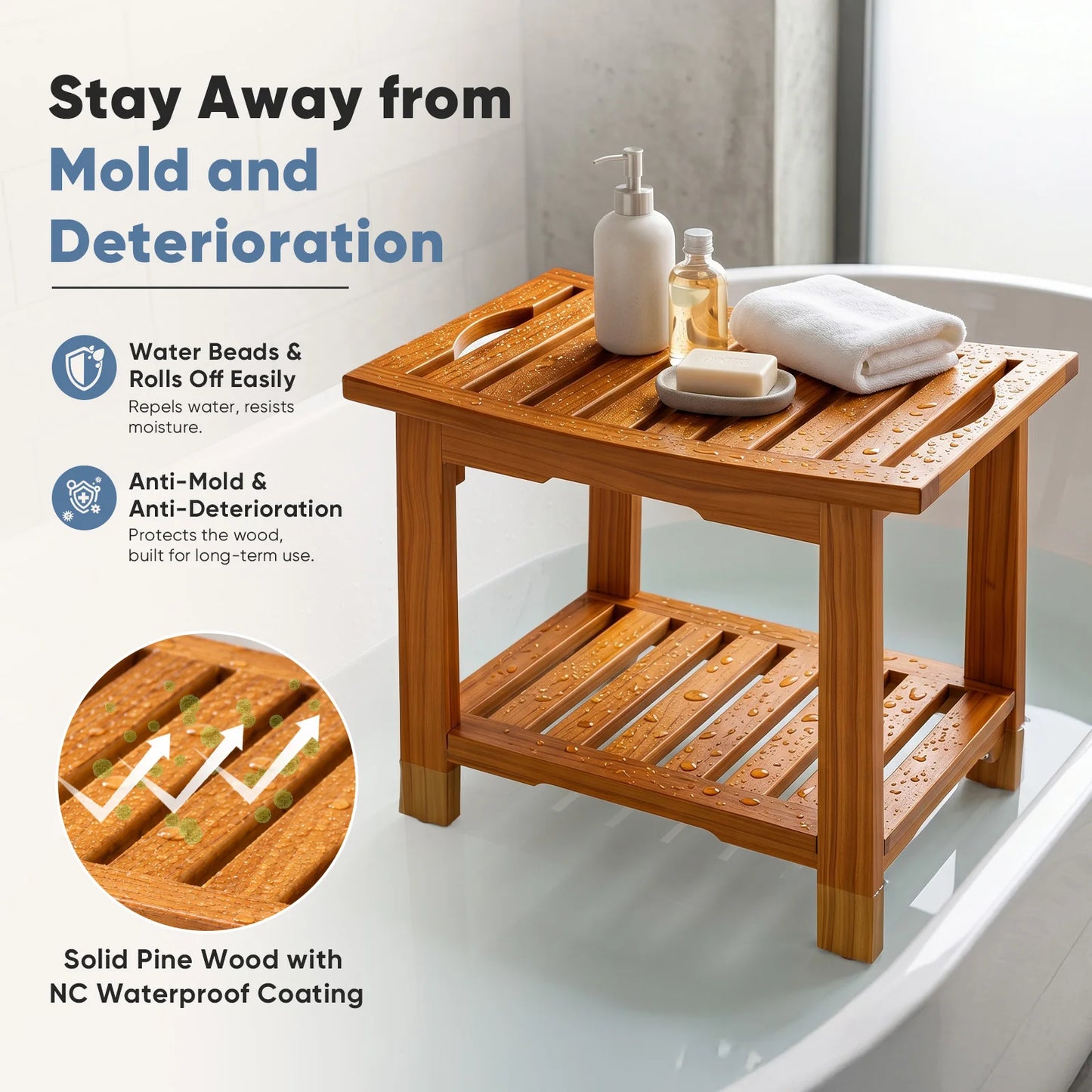 JHK Wooden Bathroom Shower Bench With Storage Shelf Handles