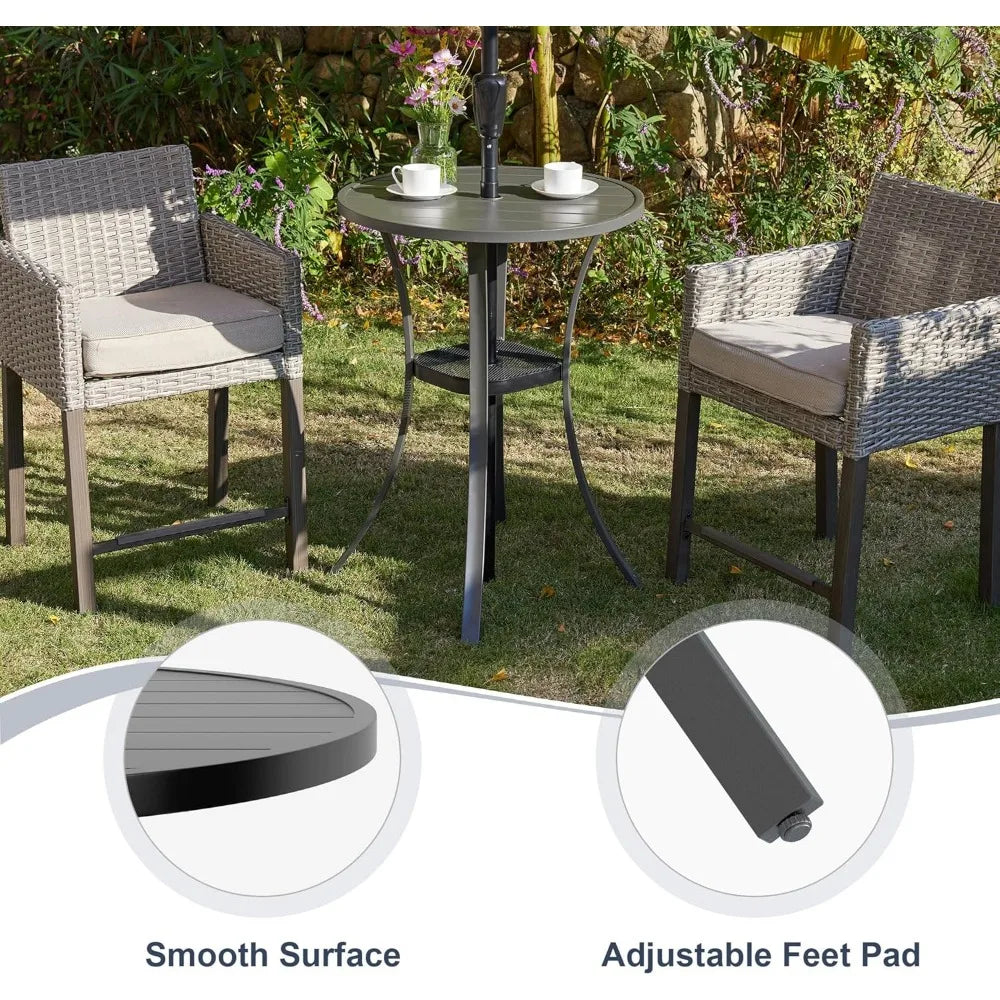 Patio 3 Pieces Outdoor Bar Set, 27.6 Round Bar Height Table with Umbrella Hole and 2 Swivel Rattan Chairs, Outdoor Bistr