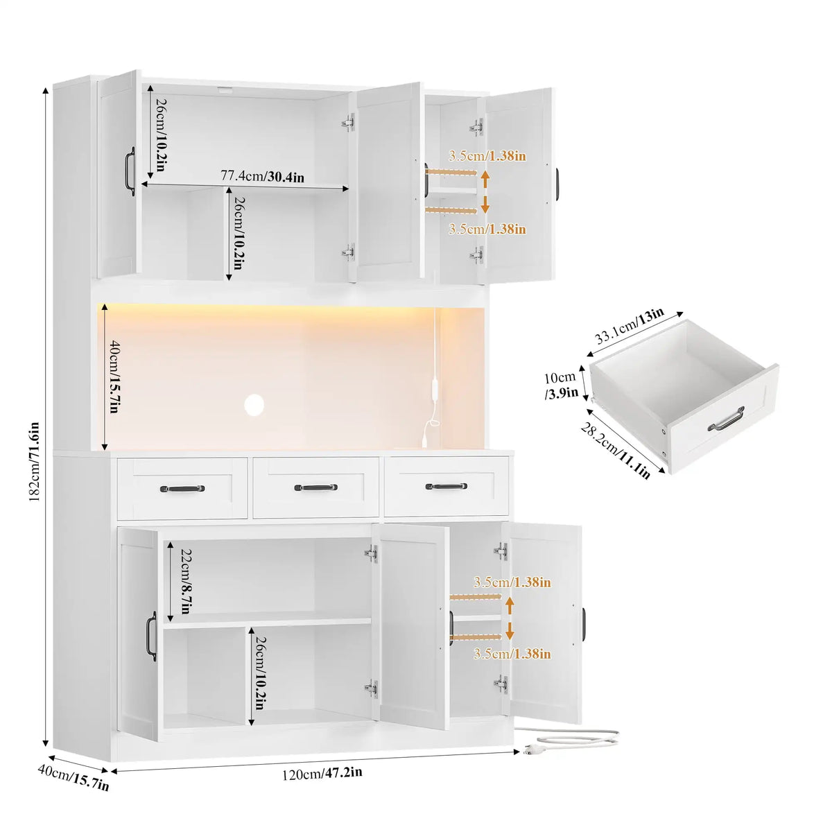 72" Tall Kitchen Pantry Storage Cabinet with RGB LED, Hutch Cabinet with Charging Station and Adjustable Shelves for Dining Room, White