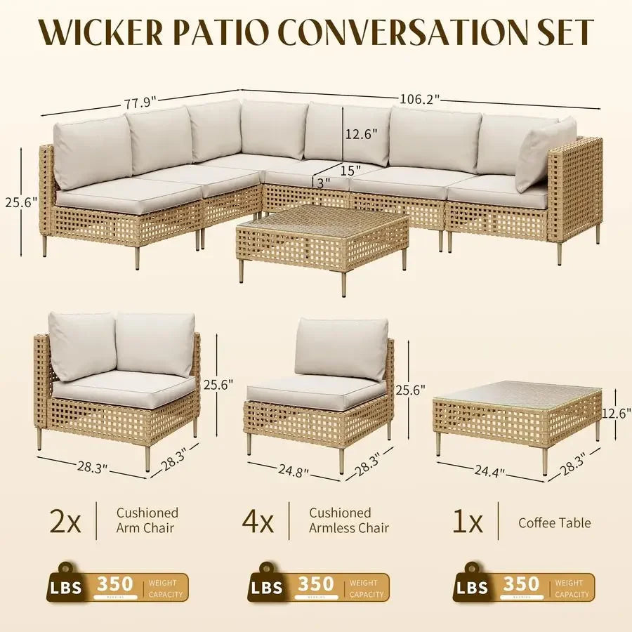 Patio Furniture Set, Large 7 Piece Wicker Outdoor Sectional Furniture Set with Coffee Table, Patio Conversation Sets Sofa, Hand