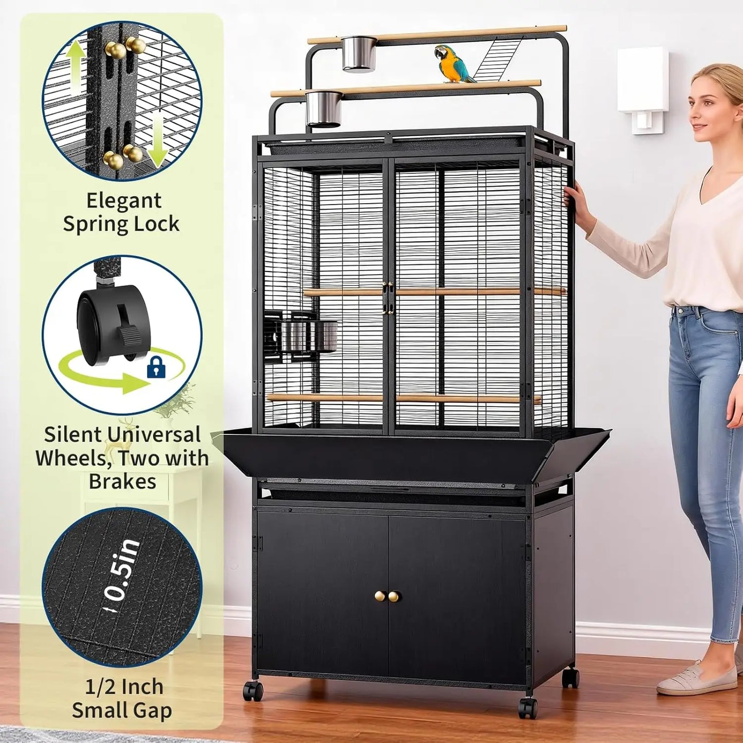 HiMISS Large Rolling Bird Cage With Play Top Cabinet