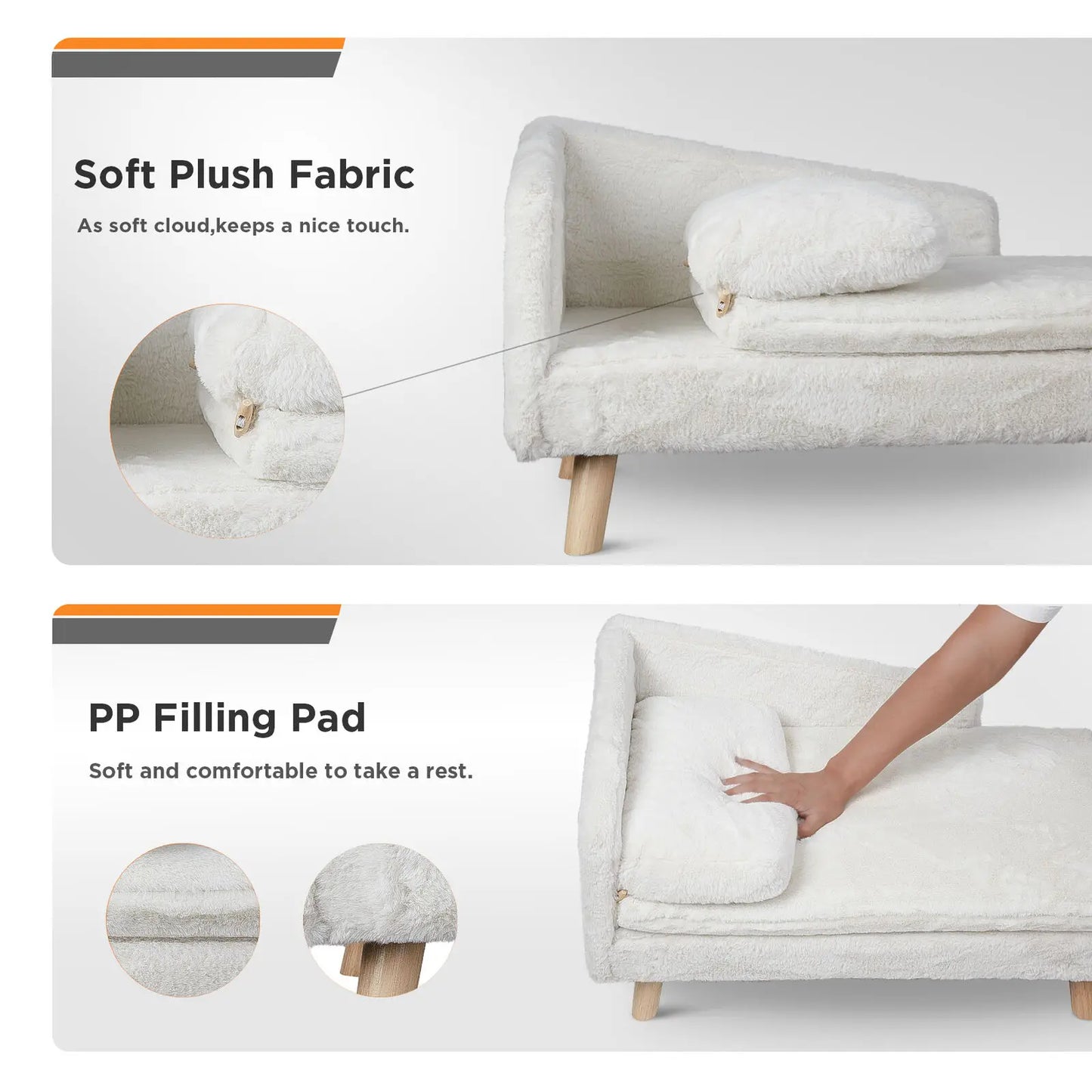 L Shape Plush Pet Bed Sofa Elevated Couch With Solid Wood Legs For Cats And Dogs
