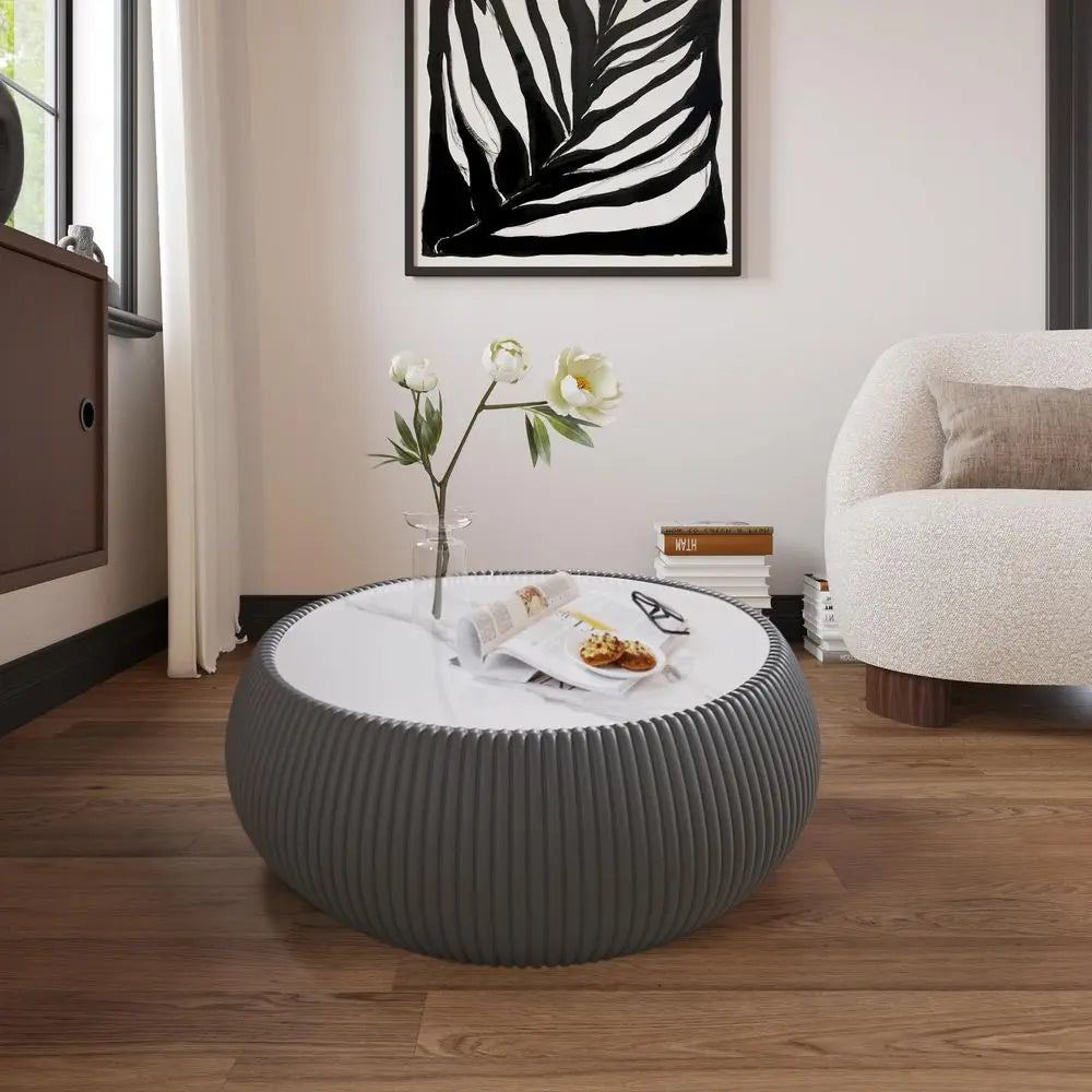 Modern Drum Coffee Table for Living Room Office, White Faux Marble Tabletop, Unique Fluted PU Leather Covered, Round Cocktail C
