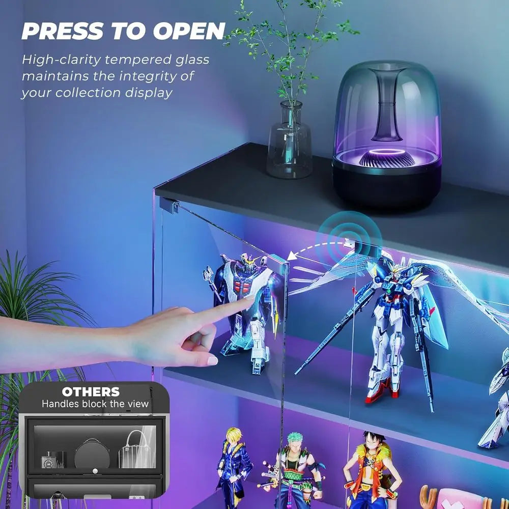 Illuminated 3-Tier Glass Display Cabinet with Lock, Sensor, and Charging Station for Collectibles in Black