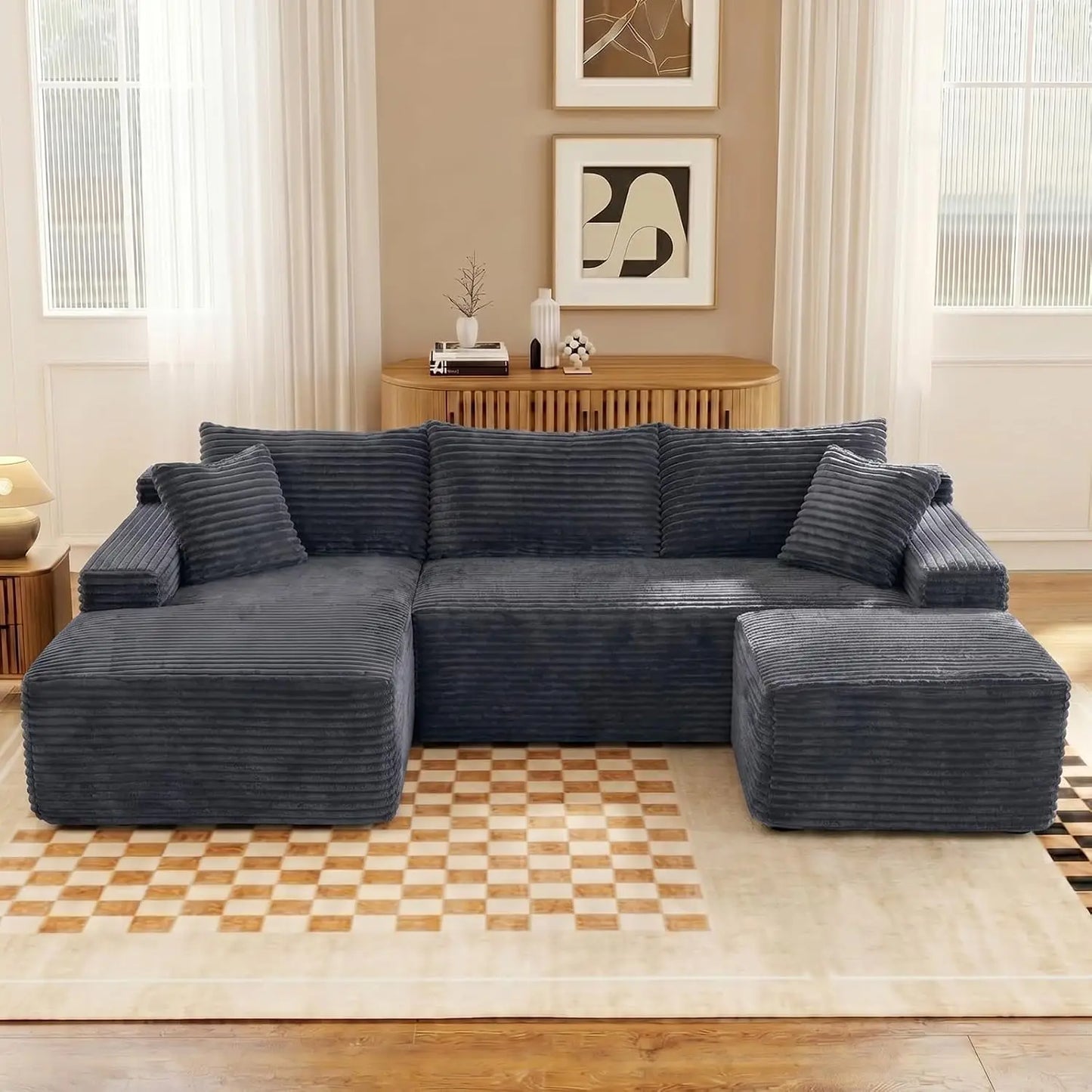 Modern U Shaped Sectional Sofa With Deep Seat Ottoman