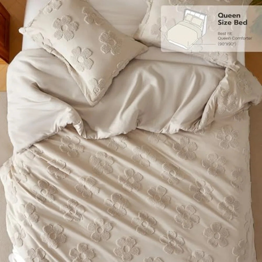 Tufted Comforter Set, 3 Pieces Beige Boho Bedding Set with 1 Boho Flower Comforter and 2 Pillow Shams, Bed in a Bag for All Sea