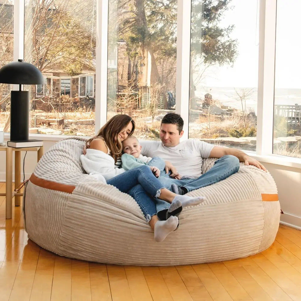 Fuf 8Ft Giant Foam Bean Bag Chair, Oversized Couch with Removable Cover for Kids, Teens, Adults, Vanilla Latte Corded Plush, 8