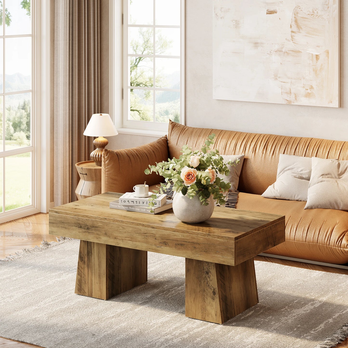 TribesignsFarmhouse Coffee Table, 120cm Wooden Accent Center Tables with Thick Base, Modern Low Cocktail Tea Furniture for