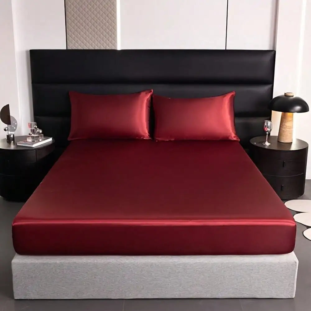 Luxurious Solid Silky Satin Fitted Sheet Set With Pillowcases