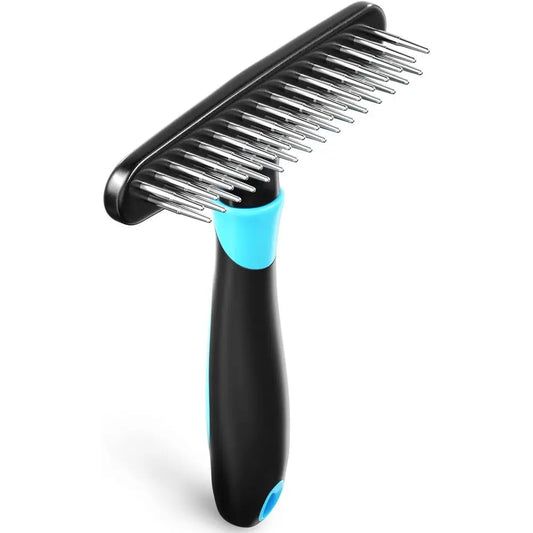 Undercoat Rake for Dogs, Cats - Matted, Short, Long Hair Coats - Double Row Stainless Steel Pins - Reduce Shedding by 90% (Blue)